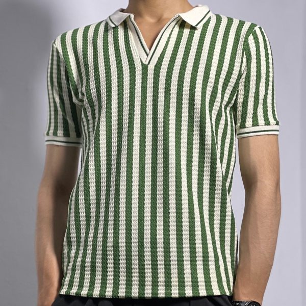 Green Collar Shirt with White Stripes