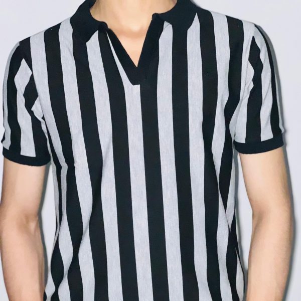 V-Neck Polo Shirt – White & Black Stripes