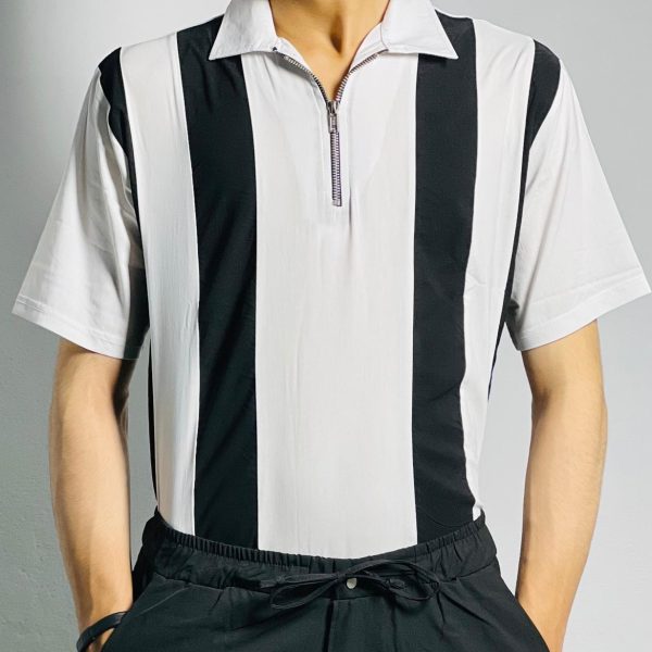Zipper Polo Shirt – White with Bold Black Contrast