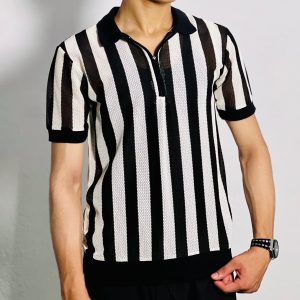 Black Collar Stripe Zipper Shirt – Elastic Fit