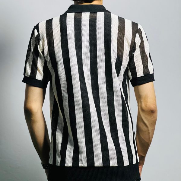 V-Neck Polo Shirt – White & Black Stripes