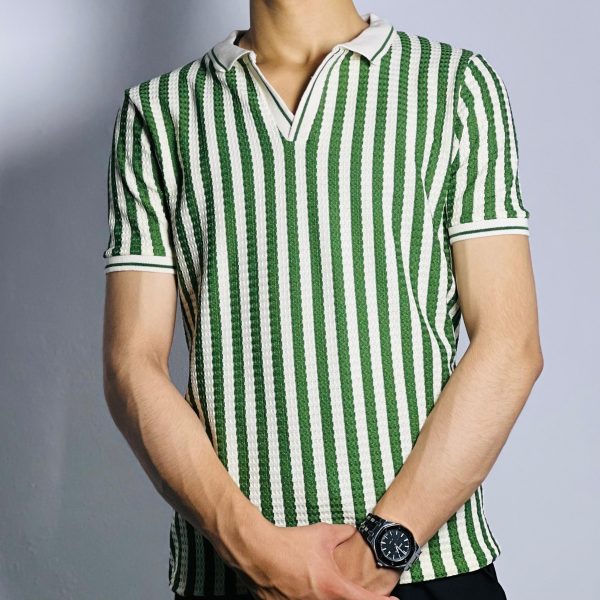 Green Collar Shirt with White Stripes