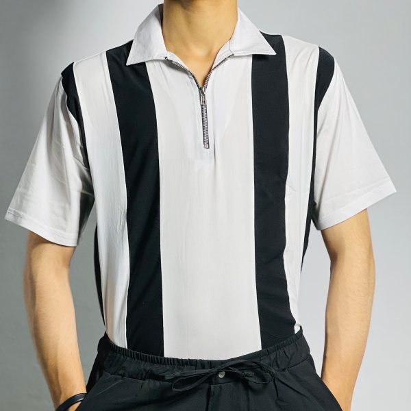 Zipper Polo Shirt – White with Bold Black Contrast