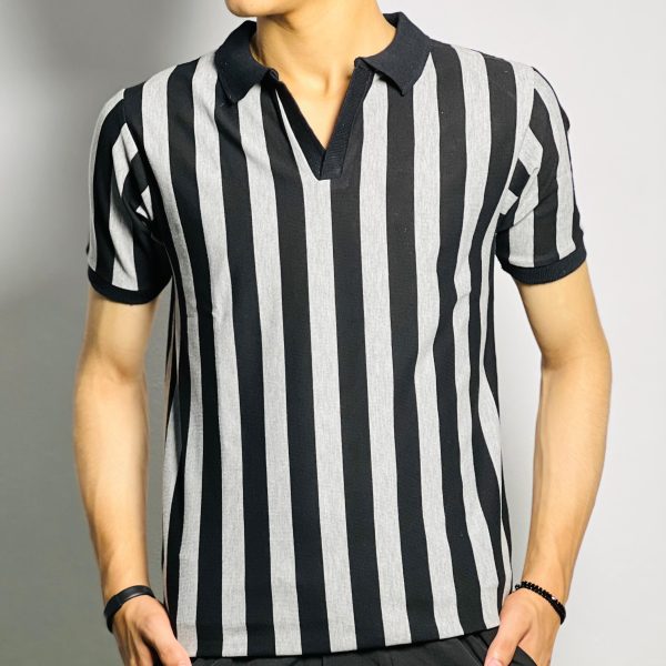 V-Neck Polo Shirt – White & Black Stripes