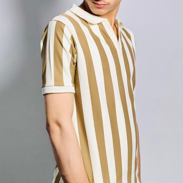 V-Neck Polo Shirt – White & Golden Stripes