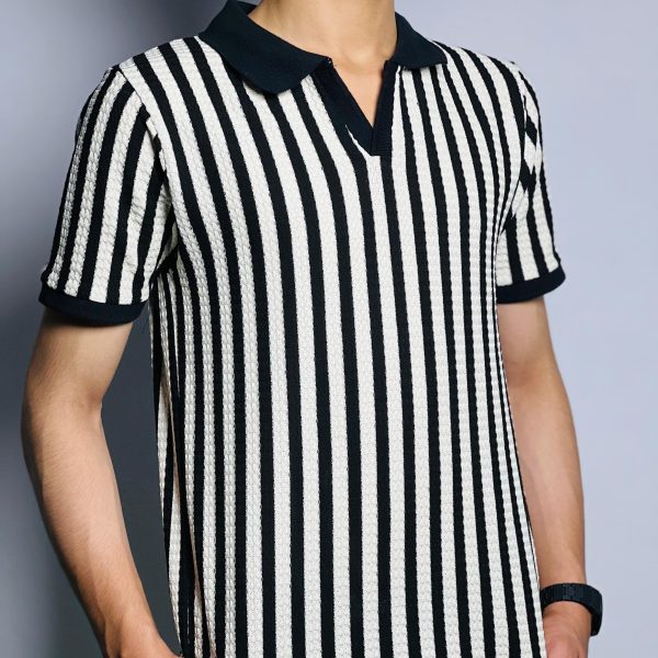Black Collar Shirt with White Stripes
