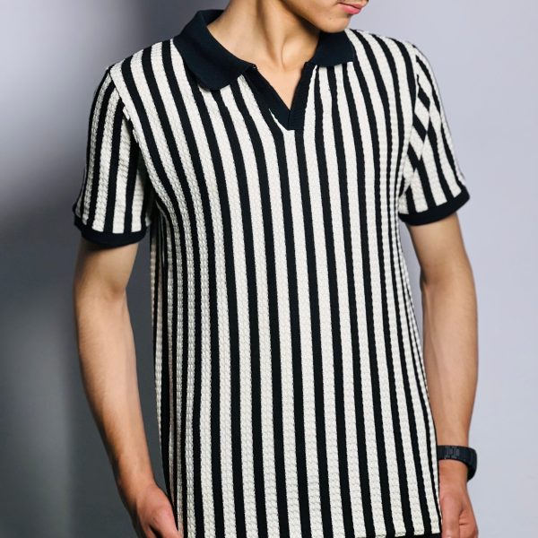 Black Collar Shirt with White Stripes